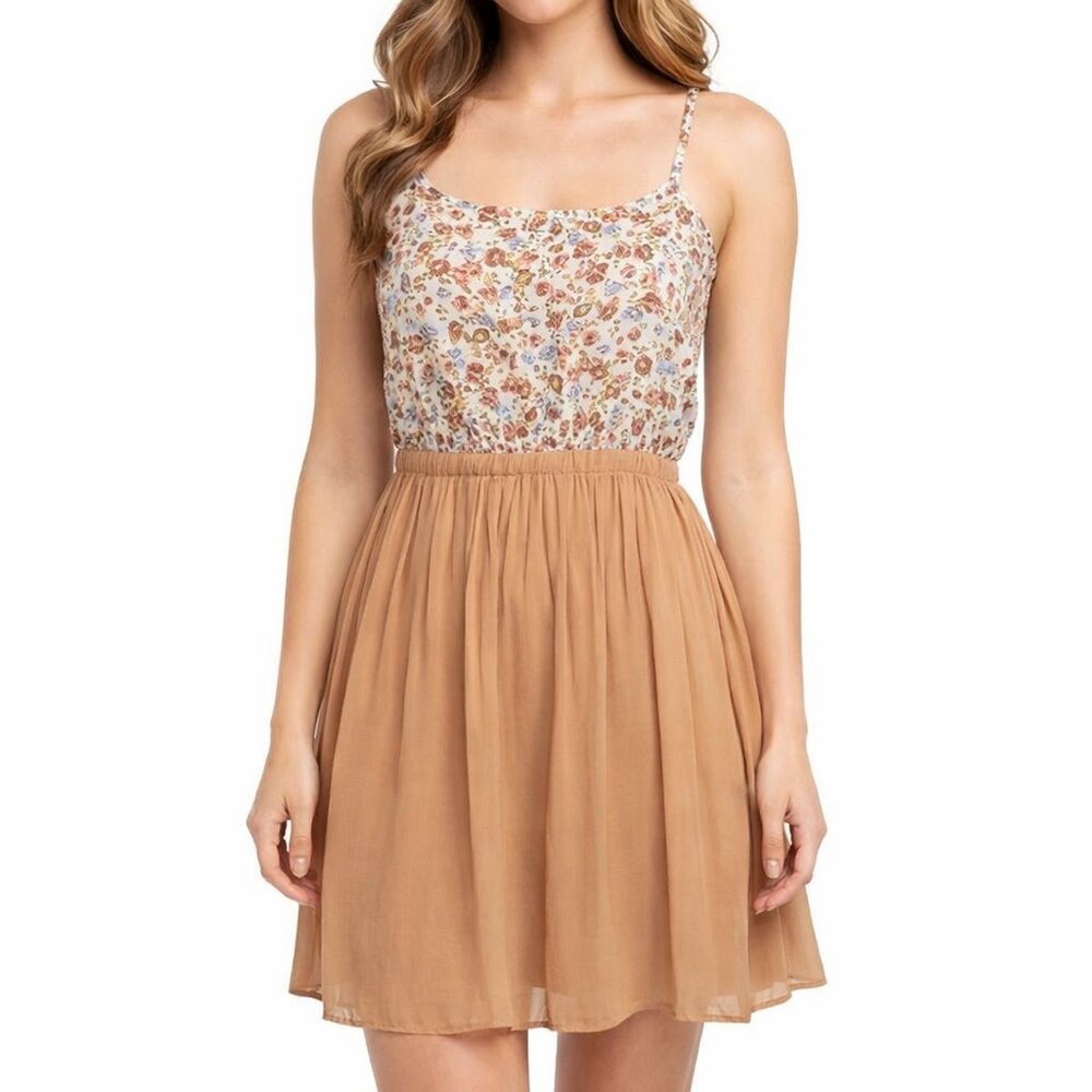 Forever 21 Coquette Floral Mini Dress Tan Pleated A-Line Dainty Boho Fairy Small